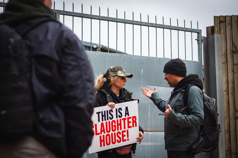 Activist livestreaming at slaughterhouse with placard