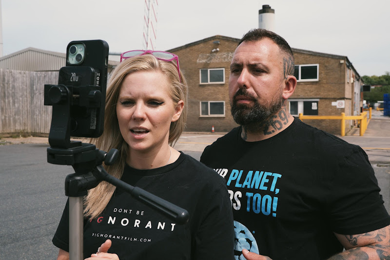 Activists (Mel & Steve) livestreaming at Avara Chicken Slaughterhouse Brackley, UK