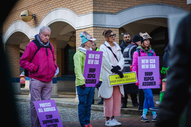 Protestors holding placards: Drop RSPCA Assured 
